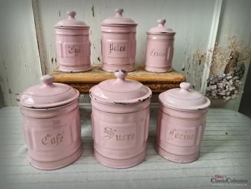 VERKAUFT ! 6 ROSA Emaille Vorratsbehälter ~ Frankreich ~ Vorratsdosen ~ Landhaus Küche ~ RARITÄT ~ Sammlerstücke ~ ehg21herrds