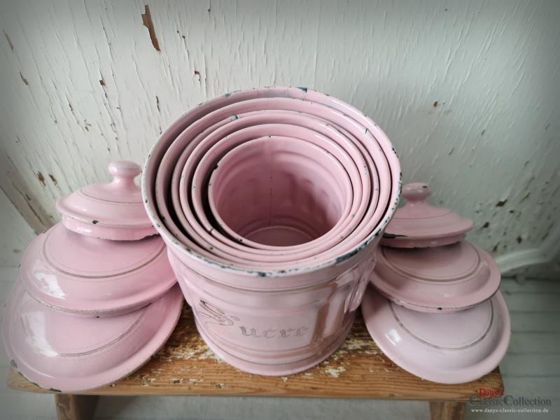 VERKAUFT ! 6 ROSA Emaille Vorratsbehälter ~ Frankreich ~ Vorratsdosen ~ Landhaus Küche ~ RARITÄT ~ Sammlerstücke ~ ehg21herrds