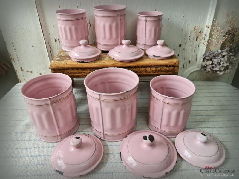 VERKAUFT ! 6 ROSA Emaille Vorratsbehälter ~ Frankreich ~ Vorratsdosen ~ Landhaus Küche ~ RARITÄT ~ Sammlerstücke ~ ehg21herrds