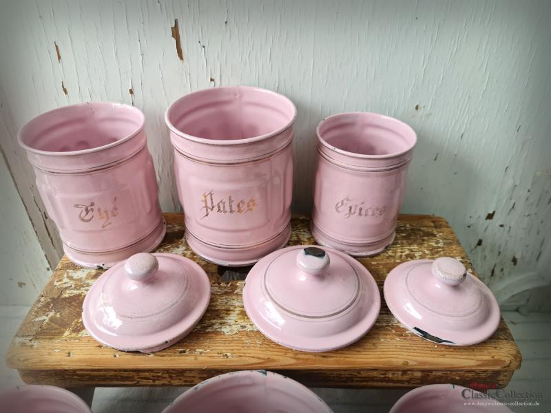 VERKAUFT ! 6 ROSA Emaille Vorratsbehälter ~ Frankreich ~ Vorratsdosen ~ Landhaus Küche ~ RARITÄT ~ Sammlerstücke ~ ehg21herrds