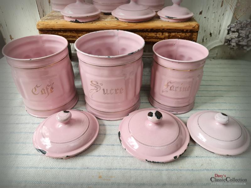 VERKAUFT ! 6 ROSA Emaille Vorratsbehälter ~ Frankreich ~ Vorratsdosen ~ Landhaus Küche ~ RARITÄT ~ Sammlerstücke ~ ehg21herrds
