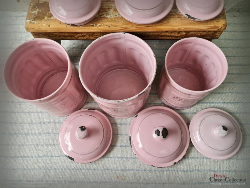 VERKAUFT ! 6 ROSA Emaille Vorratsbehälter ~ Frankreich ~ Vorratsdosen ~ Landhaus Küche ~ RARITÄT ~ Sammlerstücke ~ ehg21herrds
