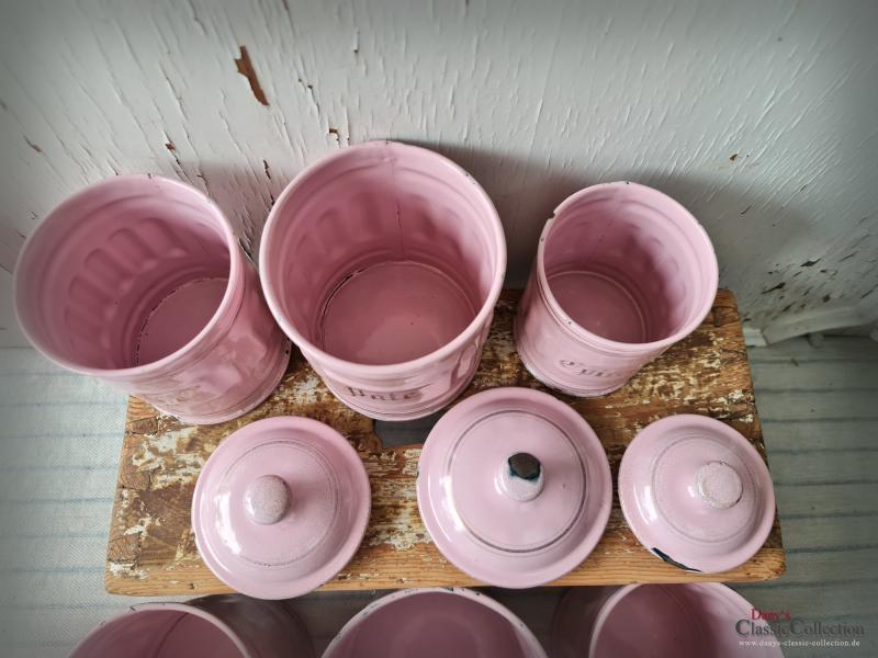 VERKAUFT ! 6 ROSA Emaille Vorratsbehälter ~ Frankreich ~ Vorratsdosen ~ Landhaus Küche ~ RARITÄT ~ Sammlerstücke ~ ehg21herrds