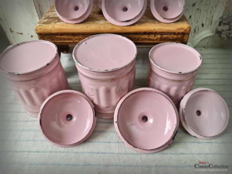 VERKAUFT ! 6 ROSA Emaille Vorratsbehälter ~ Frankreich ~ Vorratsdosen ~ Landhaus Küche ~ RARITÄT ~ Sammlerstücke ~ ehg21herrds