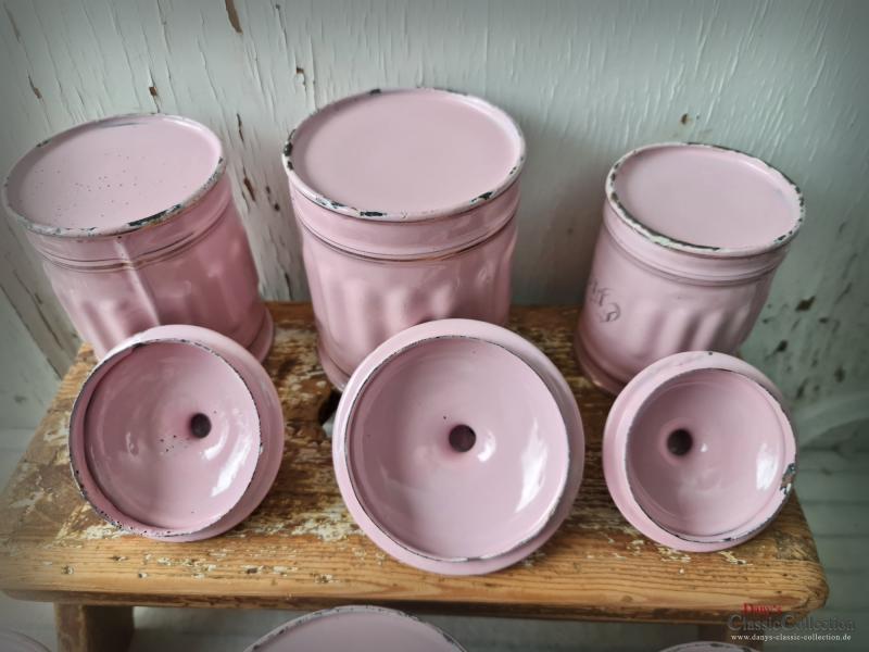 VERKAUFT ! 6 ROSA Emaille Vorratsbehälter ~ Frankreich ~ Vorratsdosen ~ Landhaus Küche ~ RARITÄT ~ Sammlerstücke ~ ehg21herrds