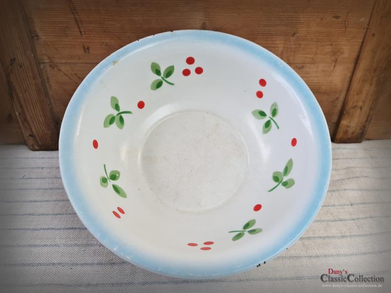 VERKAUFT ! Emaille Schüssel Ø 32 cm ~ Baumann ~ Blätter ~ red dots ~ Bauernhaus ~ Vintage Gartendeko ~ Pflanztopf ~ Miniteich ~ Salatschüssel ~ hw3485