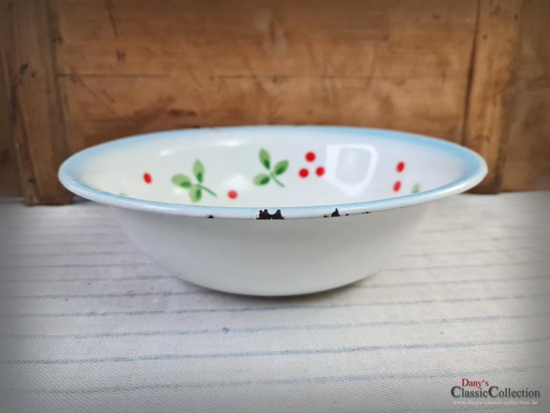 VERKAUFT ! Emaille Schüssel Ø 32 cm ~ Baumann ~ Blätter ~ red dots ~ Bauernhaus ~ Vintage Gartendeko ~ Pflanztopf ~ Miniteich ~ Salatschüssel ~ hw3485