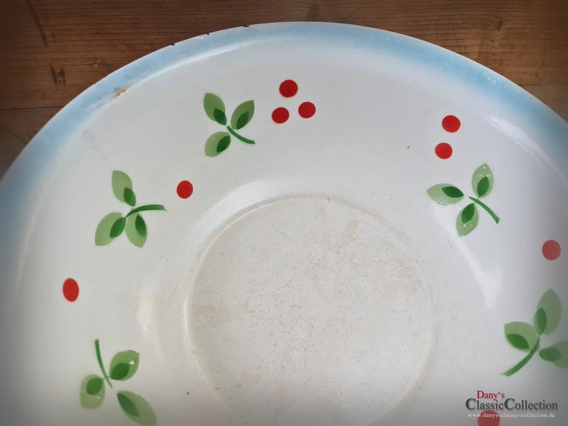 VERKAUFT ! Emaille Schüssel Ø 32 cm ~ Baumann ~ Blätter ~ red dots ~ Bauernhaus ~ Vintage Gartendeko ~ Pflanztopf ~ Miniteich ~ Salatschüssel ~ hw3485