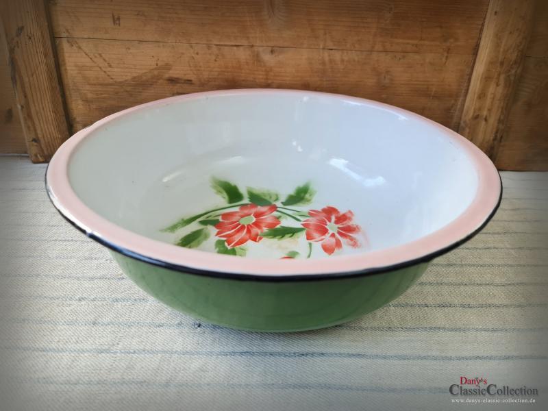 VERKAUFT - Emaille Schüssel Ø 33,5 cm ~ rosa Rand ~ Blumendekor ~ Bauernhaus ~ Vintage Gartendeko ~ Pflanztopf ~ Miniteich ~ Salatschüssel ~ hw3393