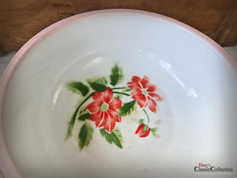 VERKAUFT - Emaille Schüssel Ø 33,5 cm ~ rosa Rand ~ Blumendekor ~ Bauernhaus ~ Vintage Gartendeko ~ Pflanztopf ~ Miniteich ~ Salatschüssel ~ hw3393