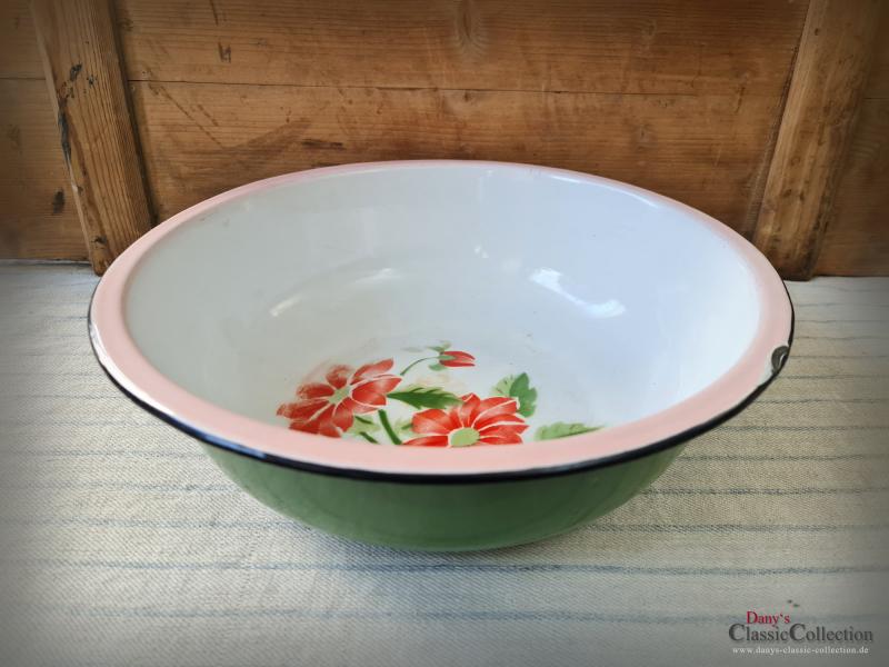 VERKAUFT - Emaille Schüssel Ø 33,5 cm ~ rosa Rand ~ Blumendekor ~ Bauernhaus ~ Vintage Gartendeko ~ Pflanztopf ~ Miniteich ~ Salatschüssel ~ hw3393