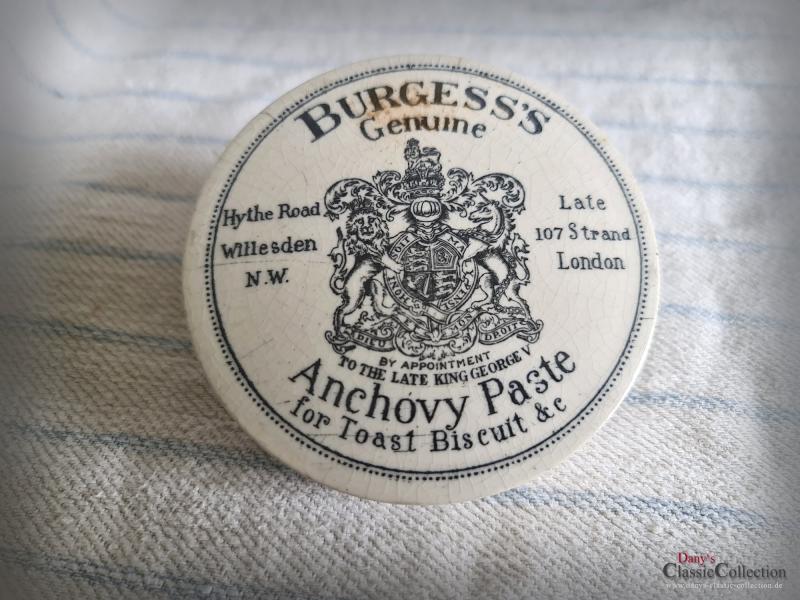 BURGESS Sardellen Paste ~ ORIGINAL antike Keramik ~ Englisch Pottery ~ Steingut ~ Werbung ~ Deckel ~ Vintage Deko ~ est21adplb