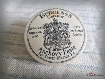 BURGESS Sardellen Paste ~ ORIGINAL antike Keramik ~ Englisch Pottery ~ Steingut ~ Werbung ~ Deckel ~ Vintage Deko ~ est21adplb