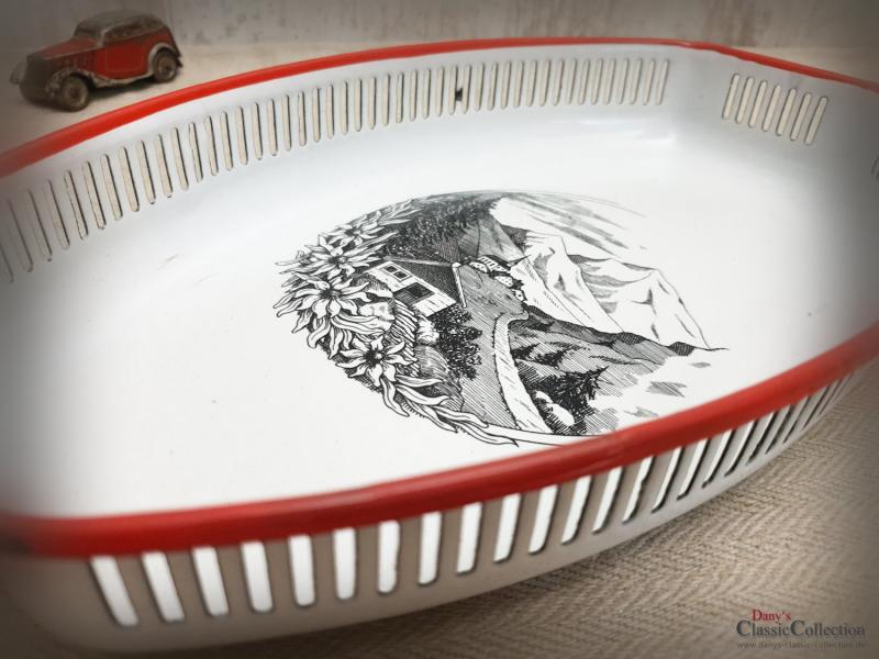 Emaille Brotschale ~ weiße Emaille Schale ~ Alpine Landschaft ~ Vintage Deko ~ Bauernhaus Dekoration ~ D.R.G.M ~ hy5762