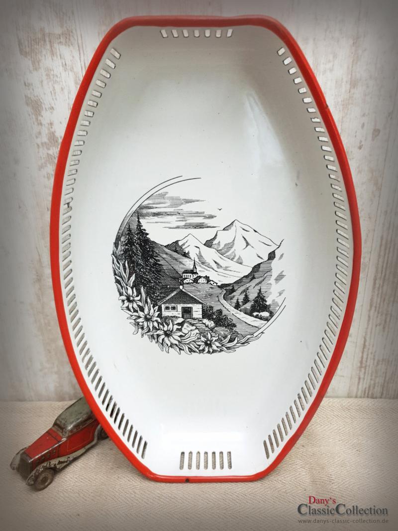 Emaille Brotschale ~ weiße Emaille Schale ~ Alpine Landschaft ~ Vintage Deko ~ Bauernhaus Dekoration ~ D.R.G.M ~ hy5762