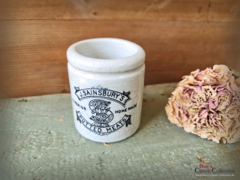 VERKAUFT ! Sainsburys Potted Meats ~ ORIGINAL antike Keramik ~ Aufbewahrung ~ Pottery ~ Steingut ~ Werbung ~ Dundee ~ Vintage Küche ~ hw3471