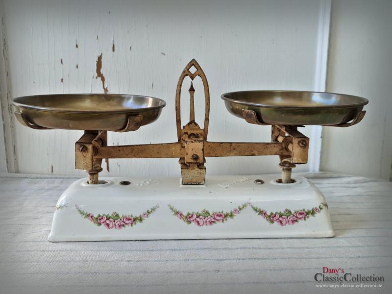 VERKAUFT ! Cronsbusch 5kg Rosendekor Balkenwaage ~ alte Küchenwaage ~ Waage Gusseisen Keramikkorpus ~ Küchendeko ~ Vintage Landhausküche