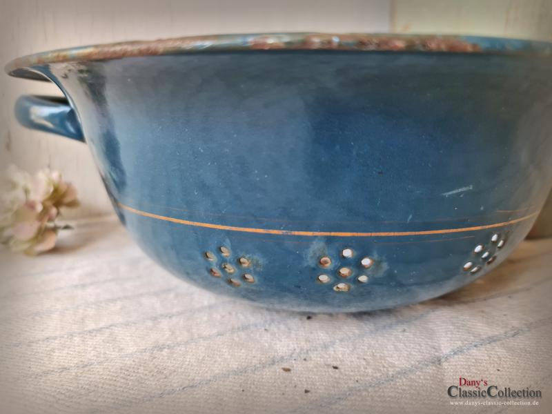 Emaille Küchensieb ~ Abtropfsieb ~ Doppelgriff Durchschlag ~ petrol m. Goldstreifen ~ Vintage Landhausgarten ~ Bauernhaus Pflanztopf