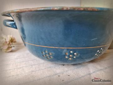 Emaille Küchensieb ~ Abtropfsieb ~ Doppelgriff Durchschlag ~ petrol m. Goldstreifen ~ Vintage Landhausgarten ~ Bauernhaus Pflanztopf