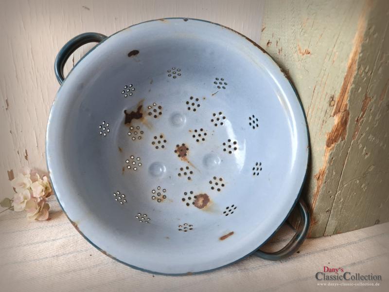 Emaille Küchensieb ~ Abtropfsieb ~ Doppelgriff Durchschlag ~ petrol m. Goldstreifen ~ Vintage Landhausgarten ~ Bauernhaus Pflanztopf