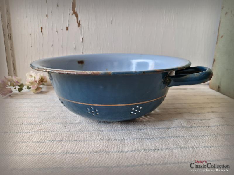 Emaille Küchensieb ~ Abtropfsieb ~ Doppelgriff Durchschlag ~ petrol m. Goldstreifen ~ Vintage Landhausgarten ~ Bauernhaus Pflanztopf