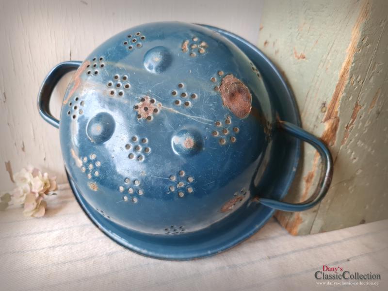 Emaille Küchensieb ~ Abtropfsieb ~ Doppelgriff Durchschlag ~ petrol m. Goldstreifen ~ Vintage Landhausgarten ~ Bauernhaus Pflanztopf