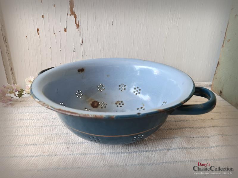 Emaille Küchensieb ~ Abtropfsieb ~ Doppelgriff Durchschlag ~ petrol m. Goldstreifen ~ Vintage Landhausgarten ~ Bauernhaus Pflanztopf