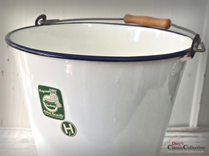 VERKAUFT ! Emaille Eimer weiß ~ Abfalleimer ~ Eulen-Emaille ~ Bauernhaus ~ Vintage Gartendeko ~ Pflanztopf ~ Übertopf ~ Landhausstil