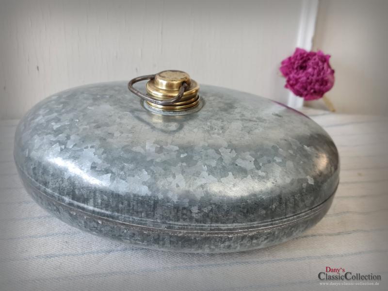 VERKAUFT ! Zink Bettwärmer ~ Wärmflasche poliert ~ Messing Drehverschluss ~ Fußwärmer ~ Vintage Deko ~ Landhausdeko