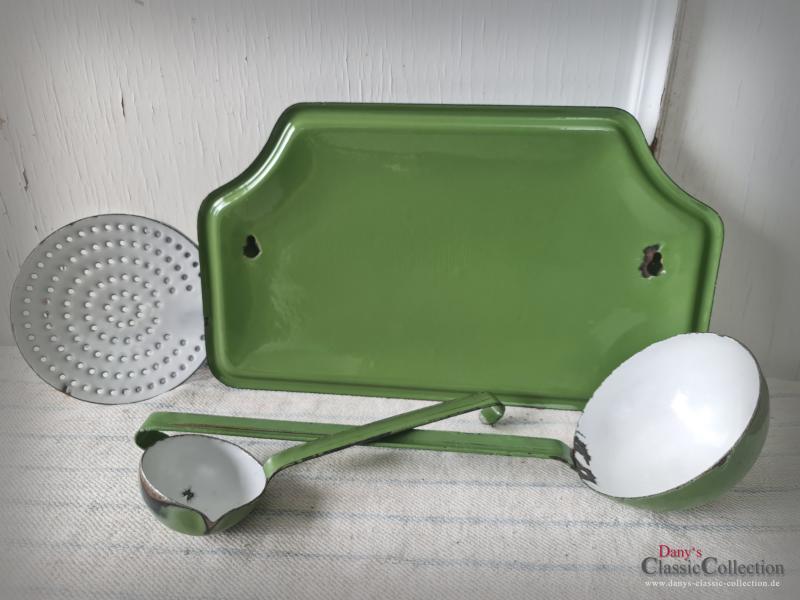 VERKAUFT ! Emaille Löffelblech grün ~ Wandhalterung ~ Kellenblech ~ Ablage ~ Landhaus Küche ~ Sammlerstück