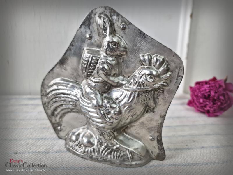 VERKAUFT ! Hase auf Hahn HERIS Schokoladenform 14 cm ~ Metall Form ~ Gießform ~ Vintage Osterhase ~ Frohe Ostern ~ Sammlerstück ~ hy5353h5