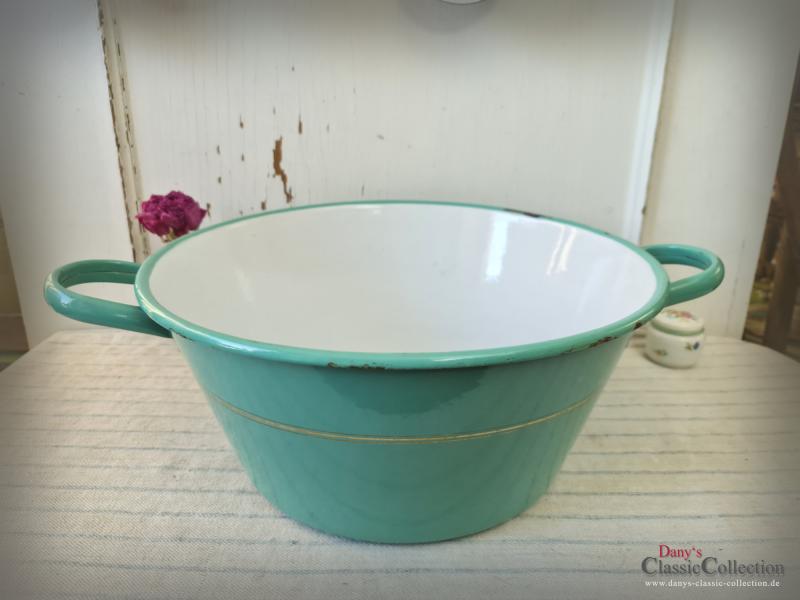 VERKAUFT ! Große Emaille Waschschüssel rund ~ Ø 50,5 cm ~ mintgrün ~ Doppelgriff Waschwanne ~ Landhaus ~ Vintage Gartendeko ~ Pflanztopf