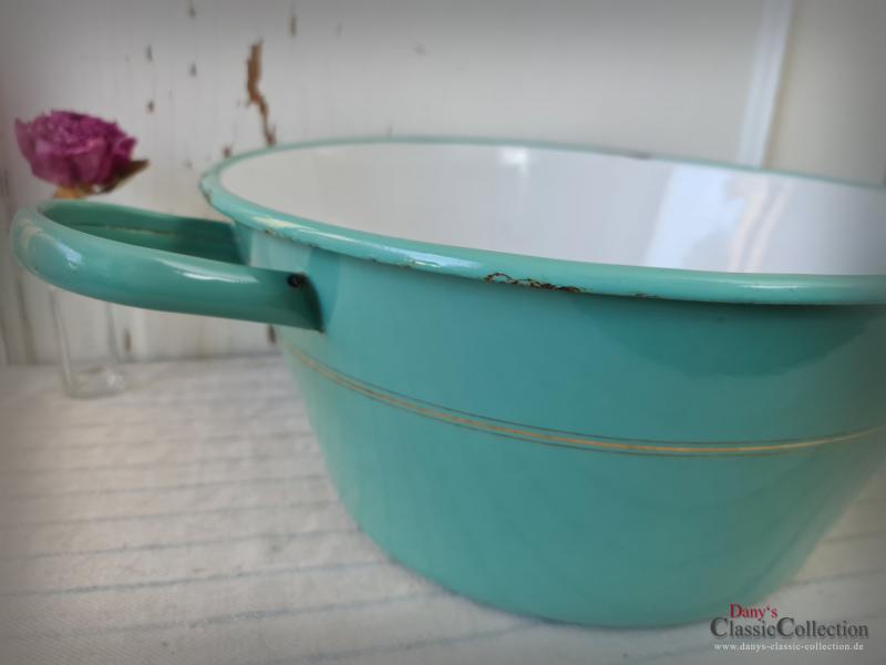 VERKAUFT ! Große Emaille Waschschüssel rund ~ Ø 50,5 cm ~ mintgrün ~ Doppelgriff Waschwanne ~ Landhaus ~ Vintage Gartendeko ~ Pflanztopf