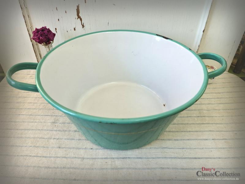 VERKAUFT ! Große Emaille Waschschüssel rund ~ Ø 50,5 cm ~ mintgrün ~ Doppelgriff Waschwanne ~ Landhaus ~ Vintage Gartendeko ~ Pflanztopf