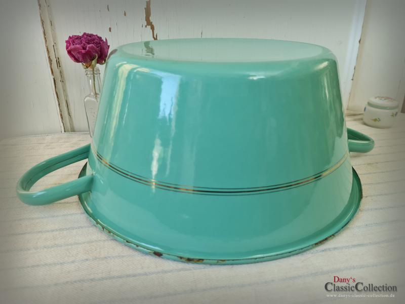 VERKAUFT ! Große Emaille Waschschüssel rund ~ Ø 50,5 cm ~ mintgrün ~ Doppelgriff Waschwanne ~ Landhaus ~ Vintage Gartendeko ~ Pflanztopf