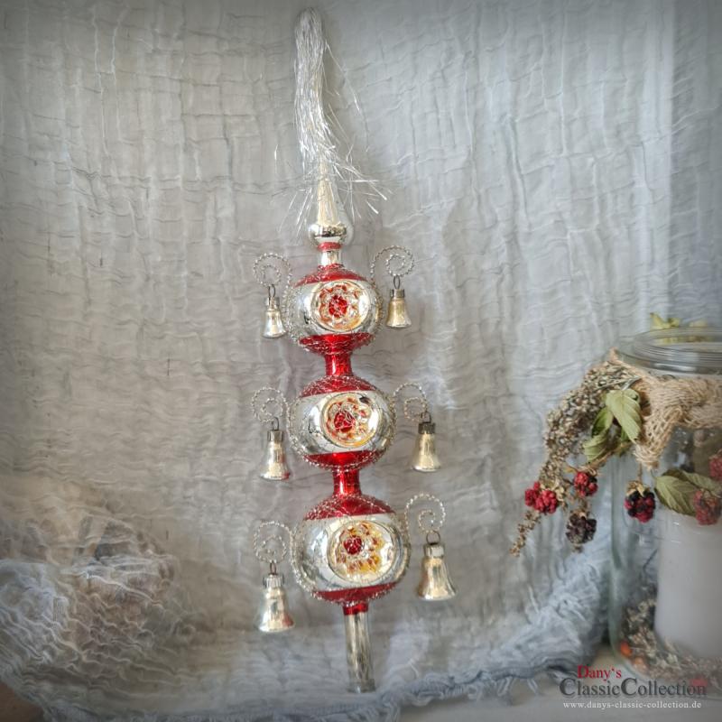 VERKAUFT ! 39 cm Reflex Christbaumspitze silber-rot ~ 6 rote Einstiche und Tinselschweif ~ Weihnachtsbaum ~ Bauernsilber ~ Nostalgie Weihnacht