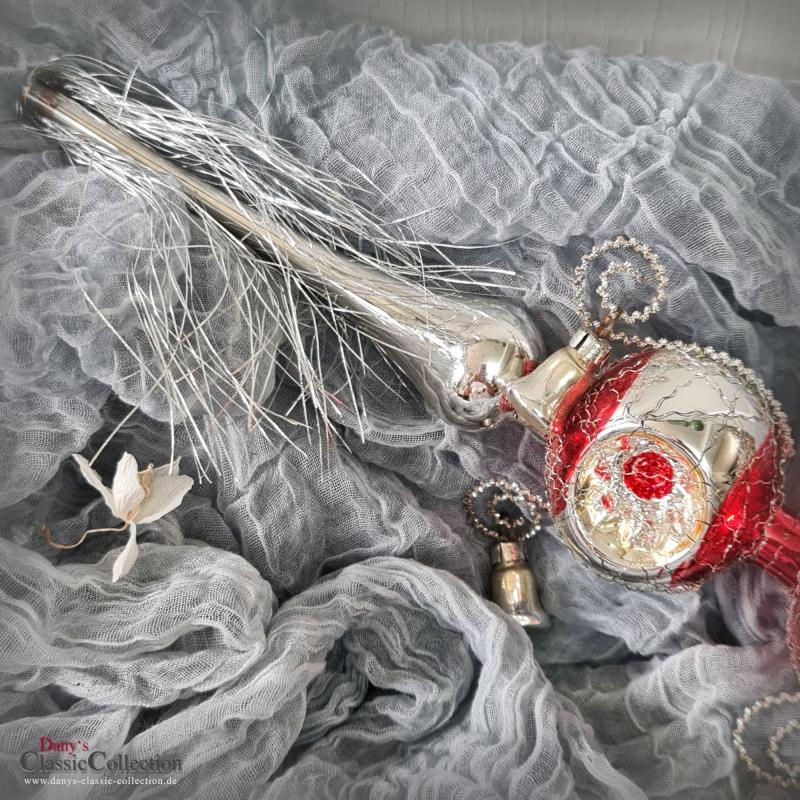 VERKAUFT ! 39 cm Reflex Christbaumspitze silber-rot ~ 6 rote Einstiche und Tinselschweif ~ Weihnachtsbaum ~ Bauernsilber ~ Nostalgie Weihnacht