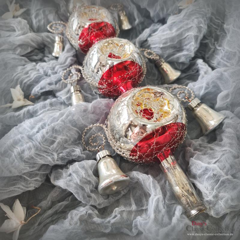 VERKAUFT ! 39 cm Reflex Christbaumspitze silber-rot ~ 6 rote Einstiche und Tinselschweif ~ Weihnachtsbaum ~ Bauernsilber ~ Nostalgie Weihnacht