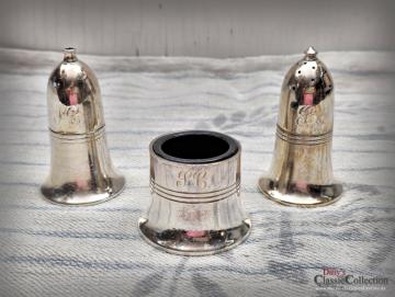 VERKAUFT ! Schweres Salz Pfeffer Senf /Süßstoff SET ~ EPNS versilbert ~ England ~ Haushalt ~ stilvoll servieren