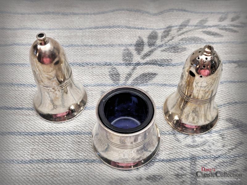 VERKAUFT ! Schweres Salz Pfeffer Senf /Süßstoff SET ~ EPNS versilbert ~ England ~ Haushalt ~ stilvoll servieren