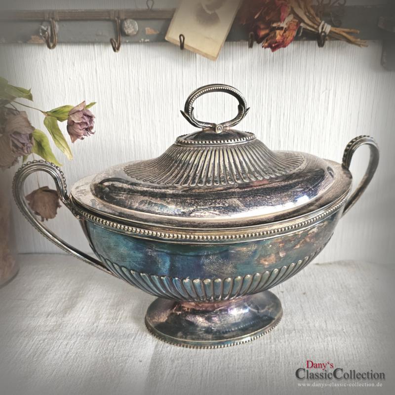 VERKAUFT ! Terrine mit Deckel ~ versilbert ~ Perlrand ~ Sammlerstück ~ gepunzt ~ Patina ~ für Blumengesteck