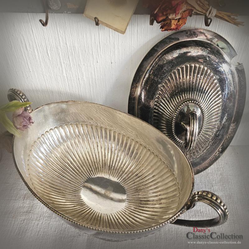 VERKAUFT ! Terrine mit Deckel ~ versilbert ~ Perlrand ~ Sammlerstück ~ gepunzt ~ Patina ~ für Blumengesteck