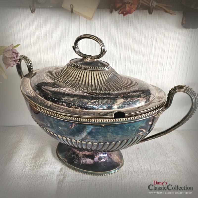 VERKAUFT ! Terrine mit Deckel ~ versilbert ~ Perlrand ~ Sammlerstück ~ gepunzt ~ Patina ~ für Blumengesteck