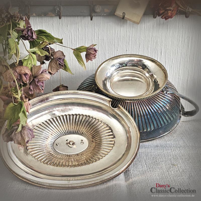 VERKAUFT ! Terrine mit Deckel ~ versilbert ~ Perlrand ~ Sammlerstück ~ gepunzt ~ Patina ~ für Blumengesteck