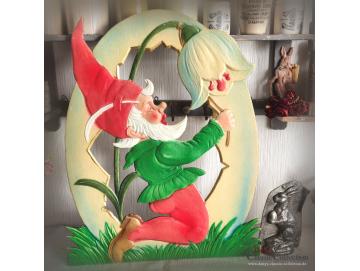 Alte 49 x 39,5 cm Pappe ~ Zwerg läutet Schneeglöckchen ~ Schaufensterdeko ~ Osterschmuck ~ Osterdeko ~ Sammlerstück ~ Frohe Ostern