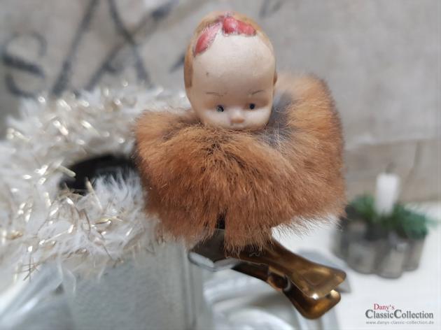 VERKAUFT ! - Porzellankopf auf Clip mit Pelzkragen ~ Christbaumschmuck ~ Pretty vintage xmas decoration