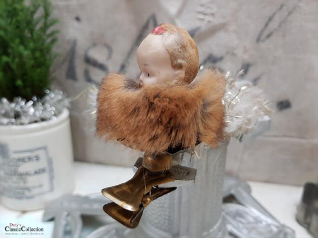 VERKAUFT ! - Porzellankopf auf Clip mit Pelzkragen ~ Christbaumschmuck ~ Pretty vintage xmas decoration