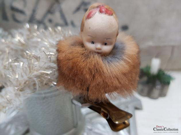 VERKAUFT ! - Porzellankopf auf Clip mit Pelzkragen ~ Christbaumschmuck ~ Pretty vintage xmas decoration