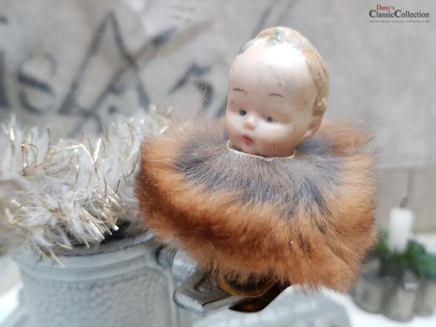VERKAUFT ! - Porzellankopf auf Clip mit Pelzkragen ~ Christbaumschmuck ~ Pretty vintage xmas decoration