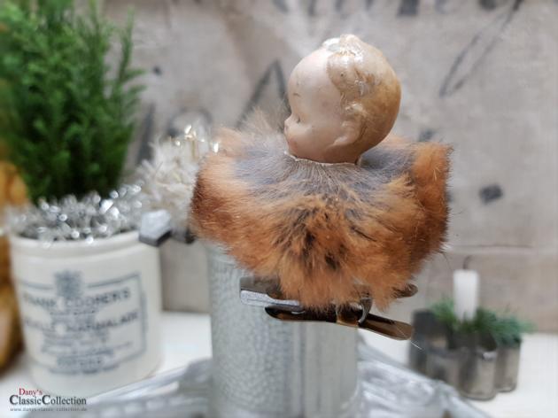 VERKAUFT ! - Porzellankopf auf Clip mit Pelzkragen ~ Christbaumschmuck ~ Pretty vintage xmas decoration
